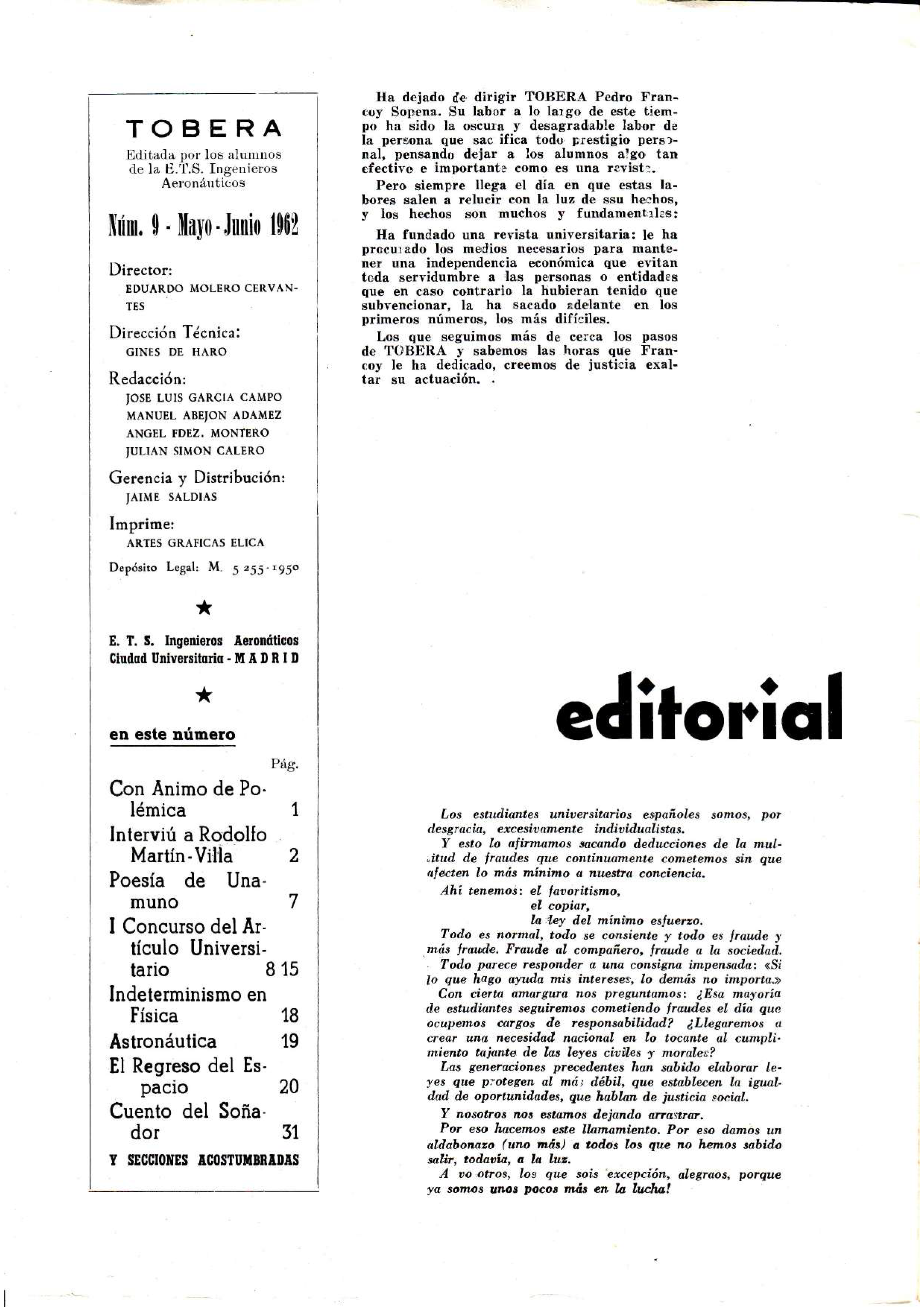 Página de presentación Revista Tobera nº9